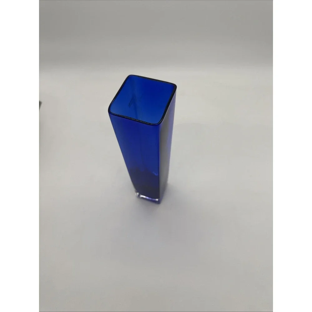 VTG Mid Century Modern MCM COBALT BLUE Rectangular VASE Clear Square Base 10